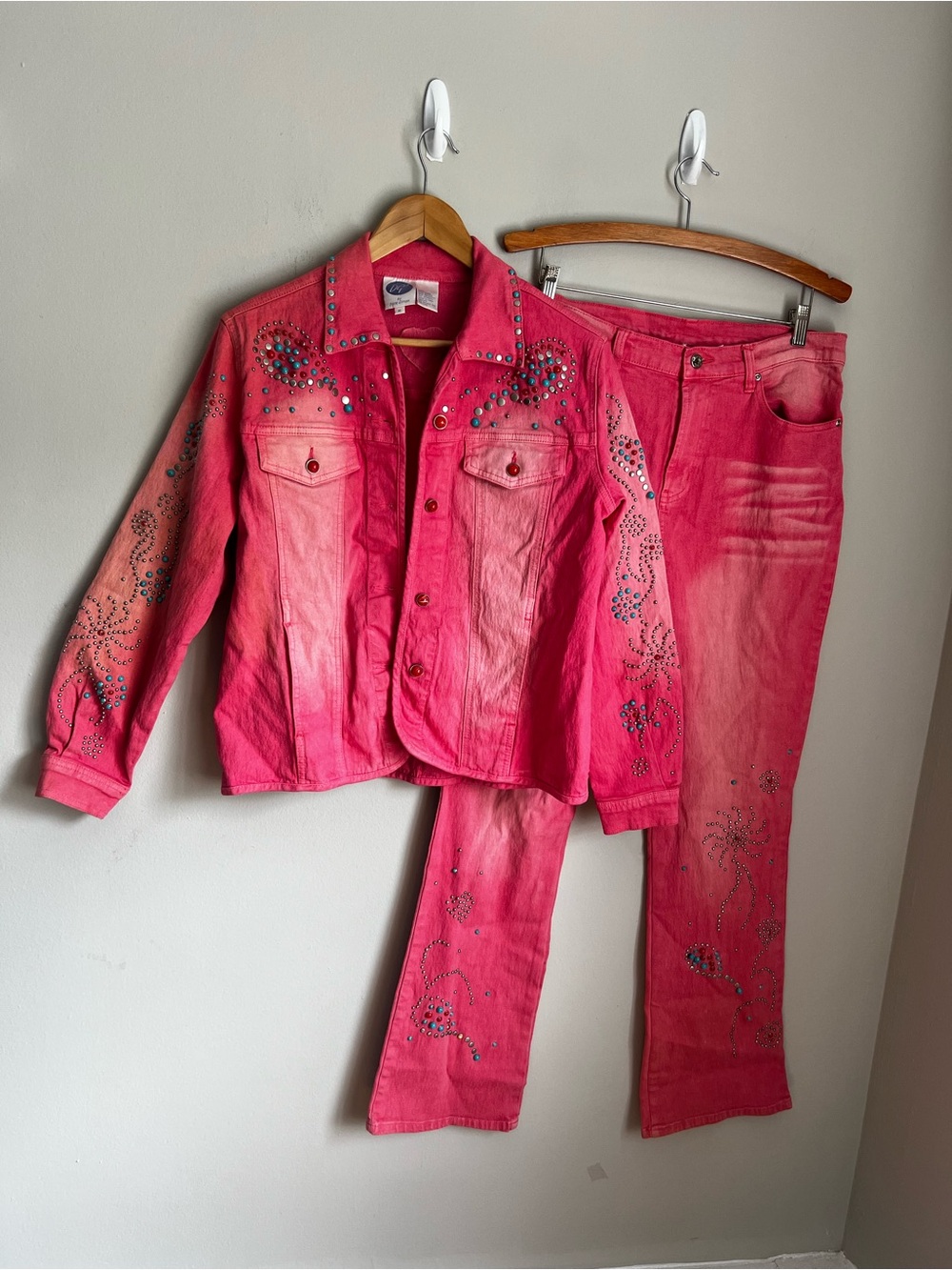 DG2 by Diane Gilman Hot Pink Embellished Denim Jacket and Pants Set